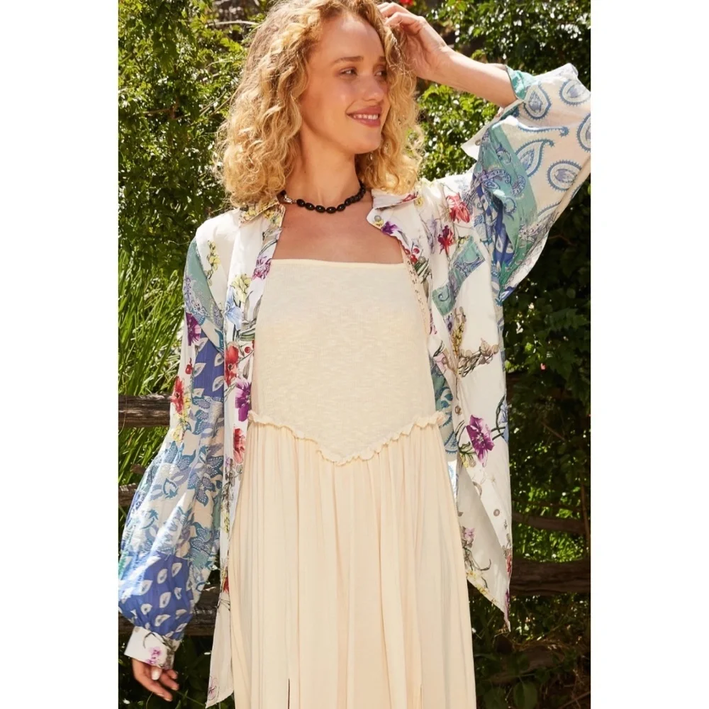 POL Ivory & Teal Blue Floral & Paisley Print Relaxed Fit Button Up Shirt - Picture 4 of 13